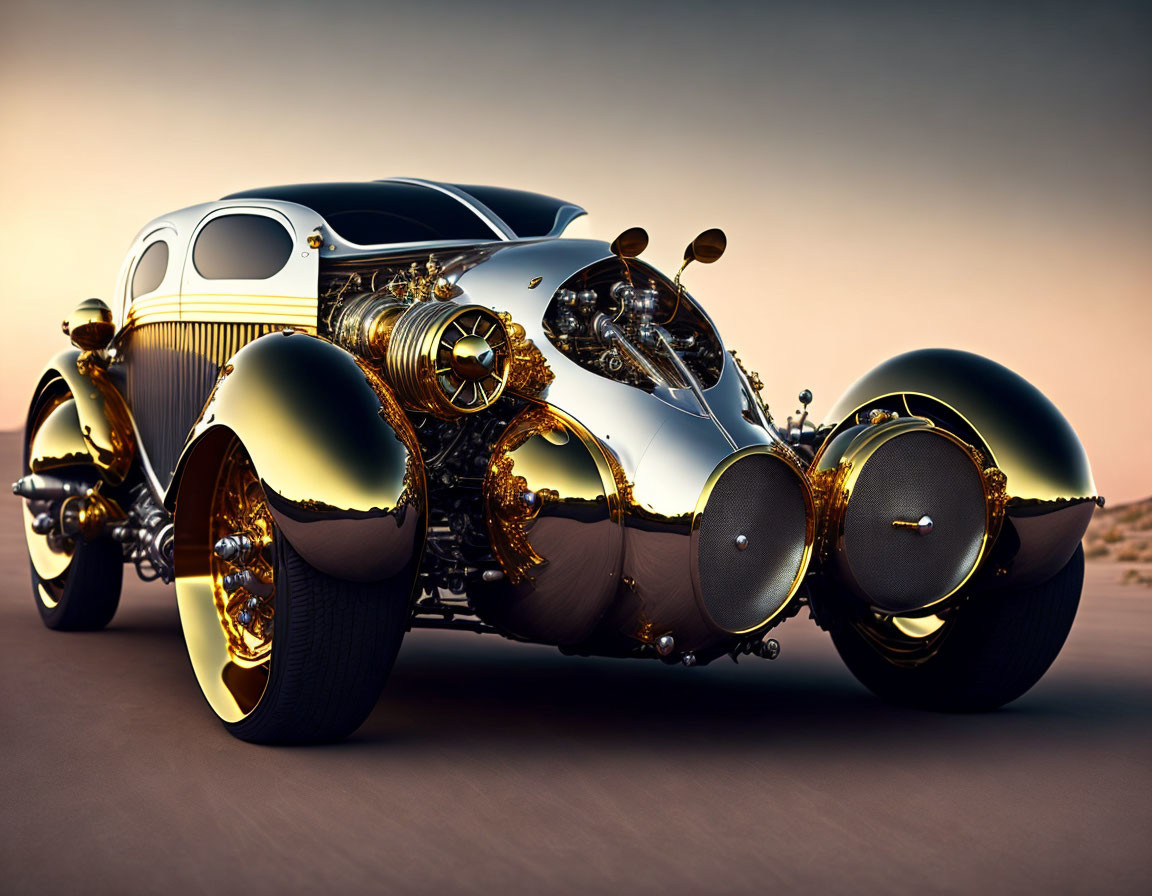 Vintage Car with Golden Finish in Desert Sunset Setting