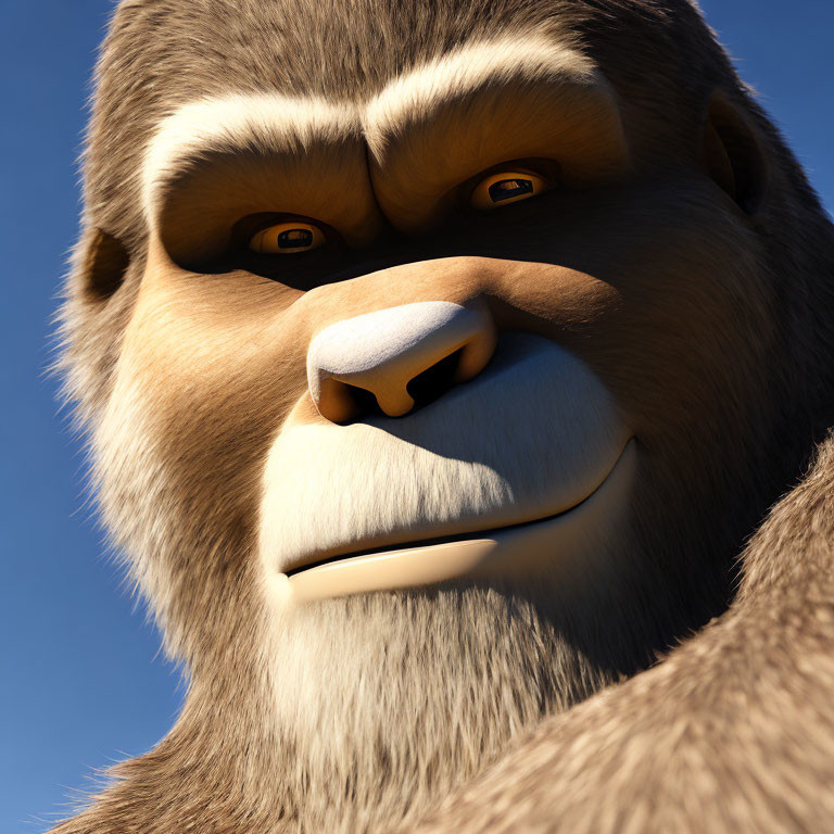 Detailed 3D animated gorilla face with grin on blue sky background