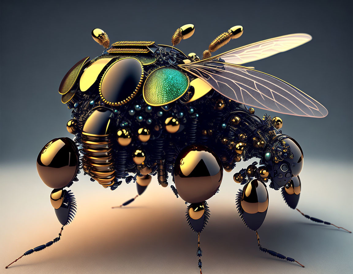 Mechanical Bee Artwork with Golden Surfaces and Translucent Wings