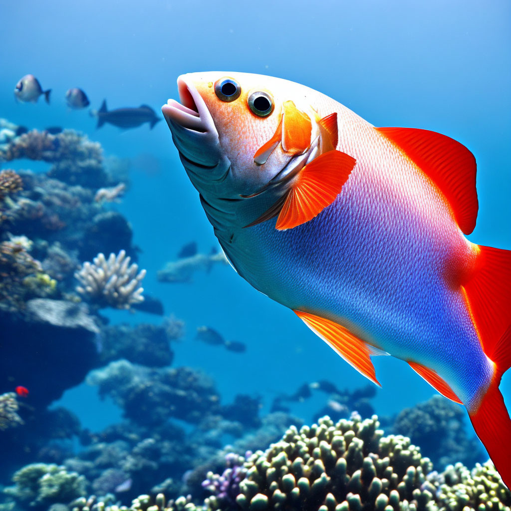 Colorful red and white fish near coral reef in clear blue water