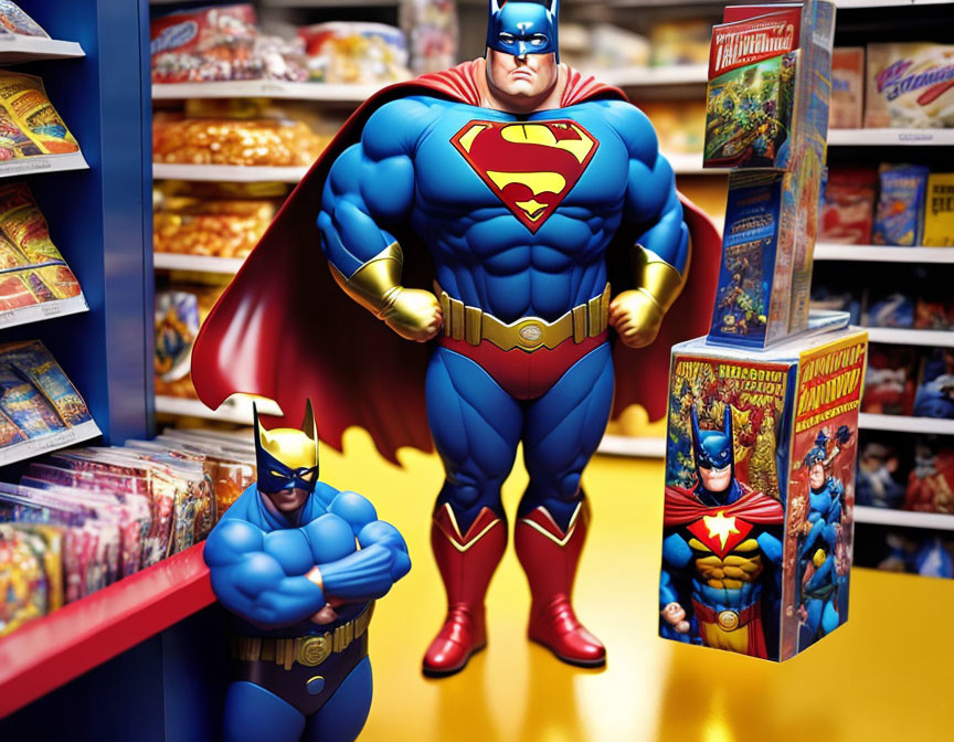 Muscular Superman in classic costume at comic book store with Batman depiction