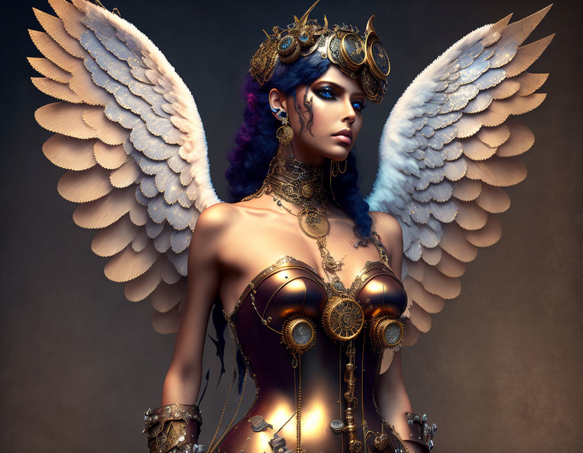 Digital artwork of female character with blue hair and steampunk attire and angelic wings