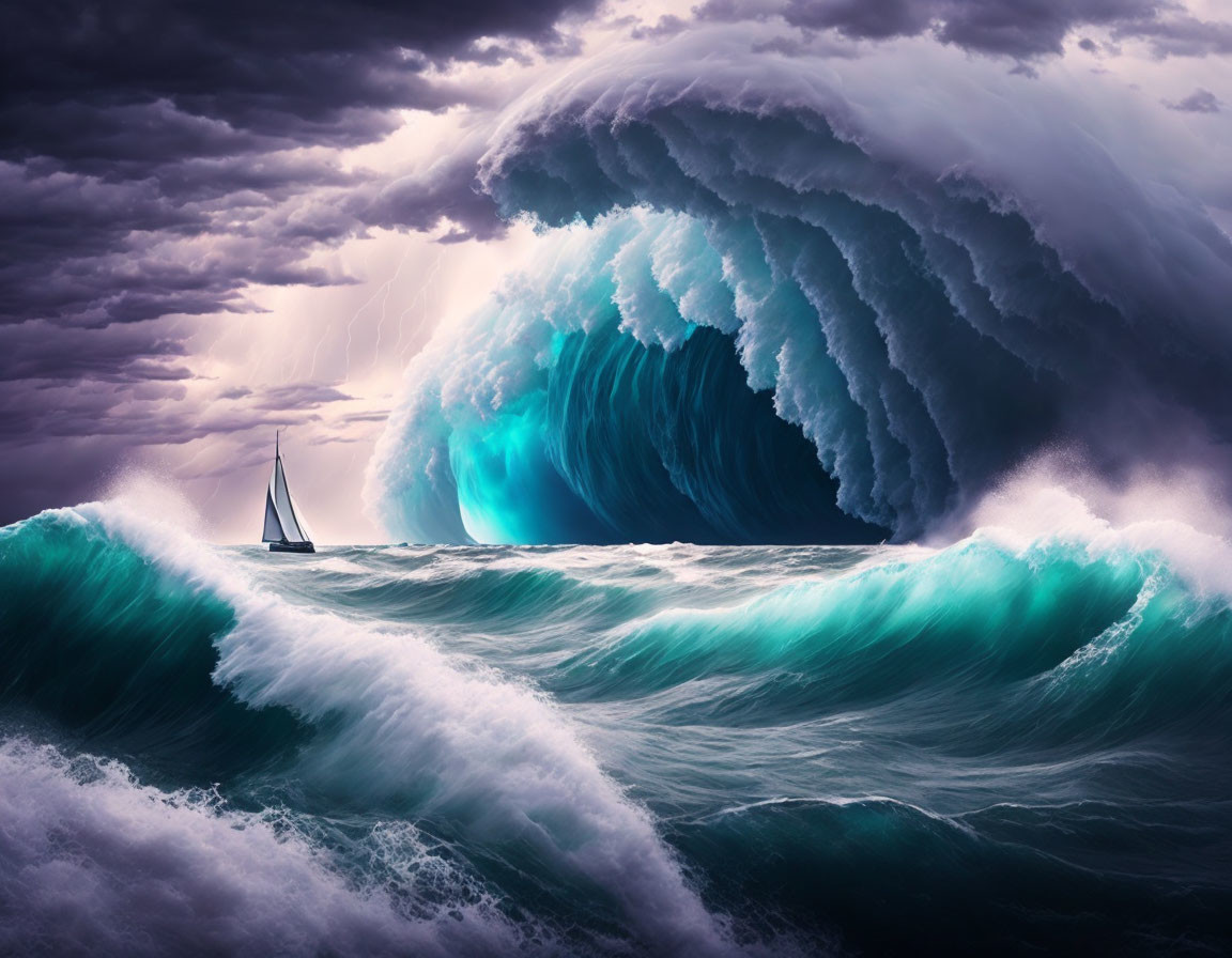 Sailboat confronting towering wave in stormy sea