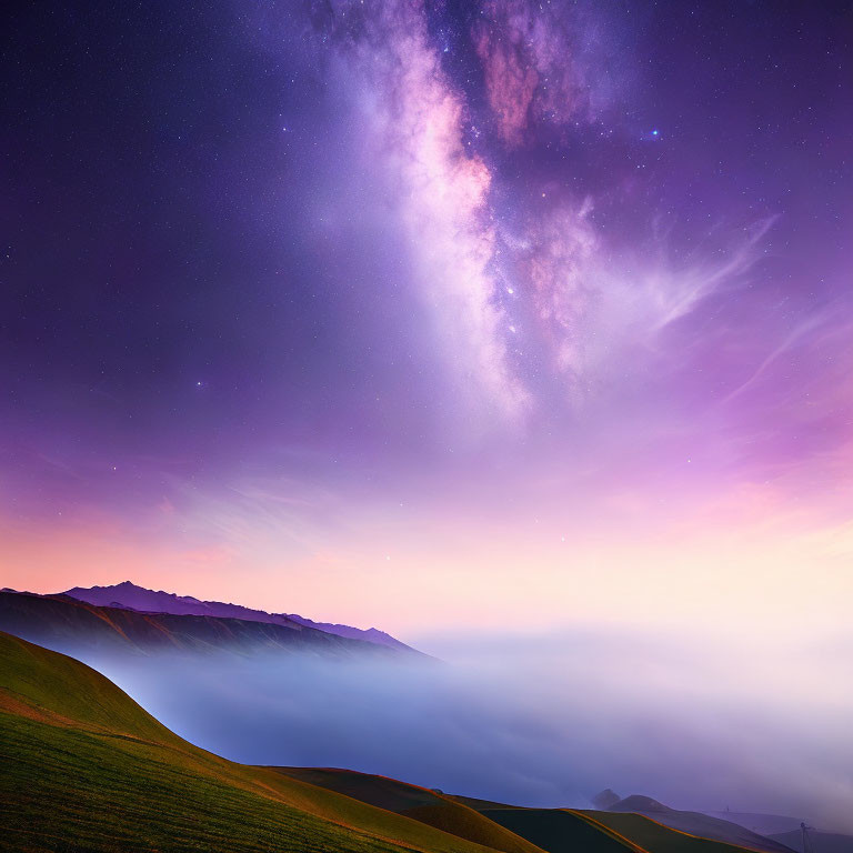 Starry night sky over hills, Milky Way, and distant mountains