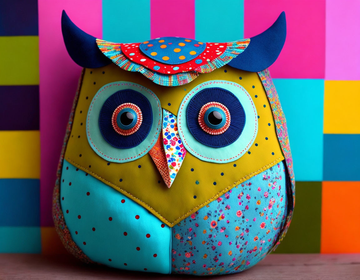 Colorful Fabric Owl with Blue Wings and Patterned Body on Multicolored Striped Background