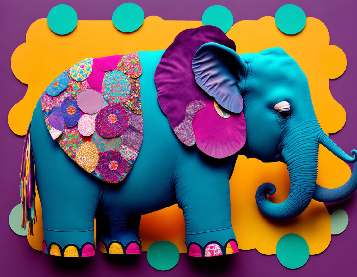 Colorful Decorated Elephant Illustration on Purple and Orange Background