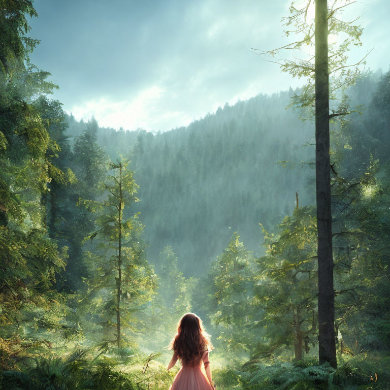 Person in Pink Dress Standing in Lush Forest with Misty Sunlit Hills