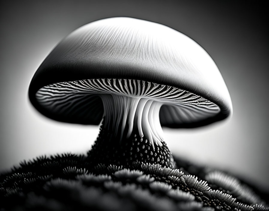 Monochrome mushroom with detailed gills and cap on soft background