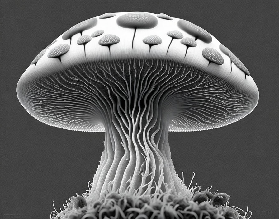 Monochrome digital artwork of stylized mushroom with intricate gill patterns