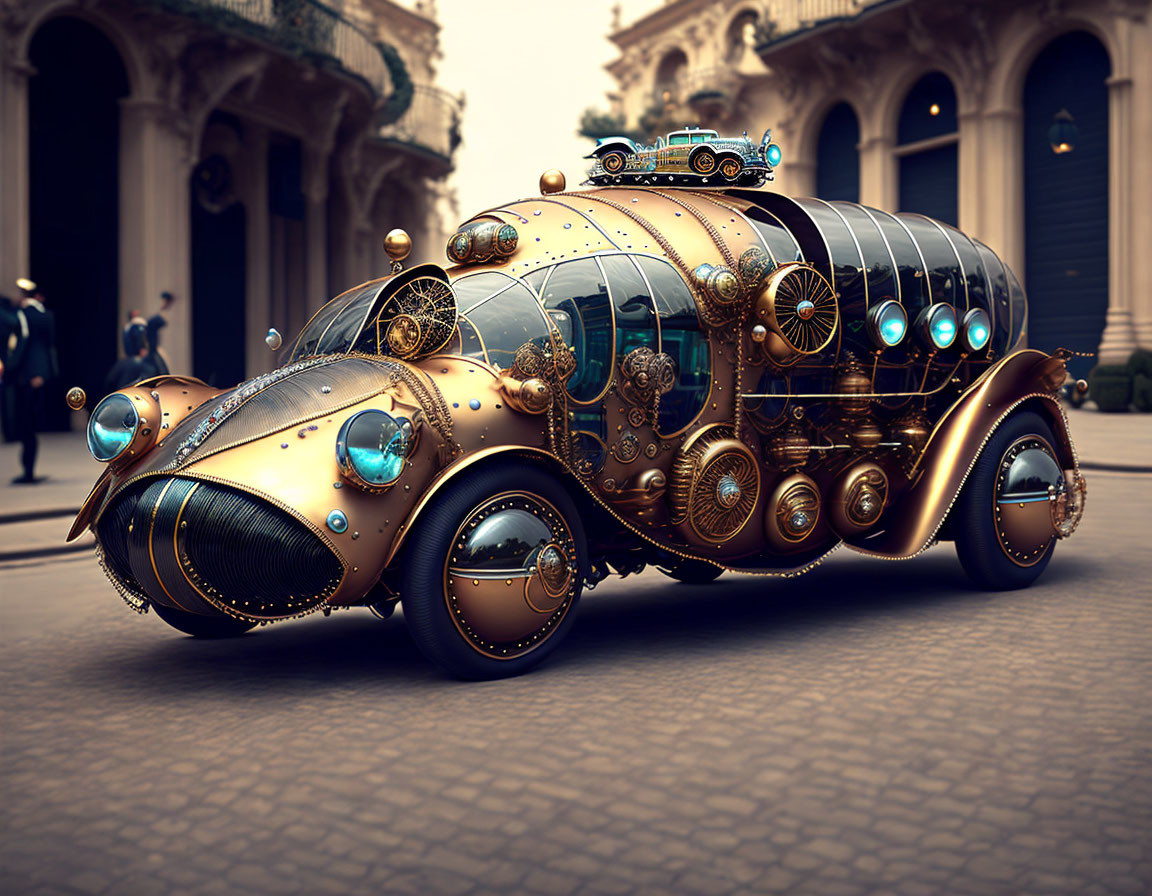 Steampunk-Inspired Retro-Futuristic Car with Brass Finishes on Cobblestone Street