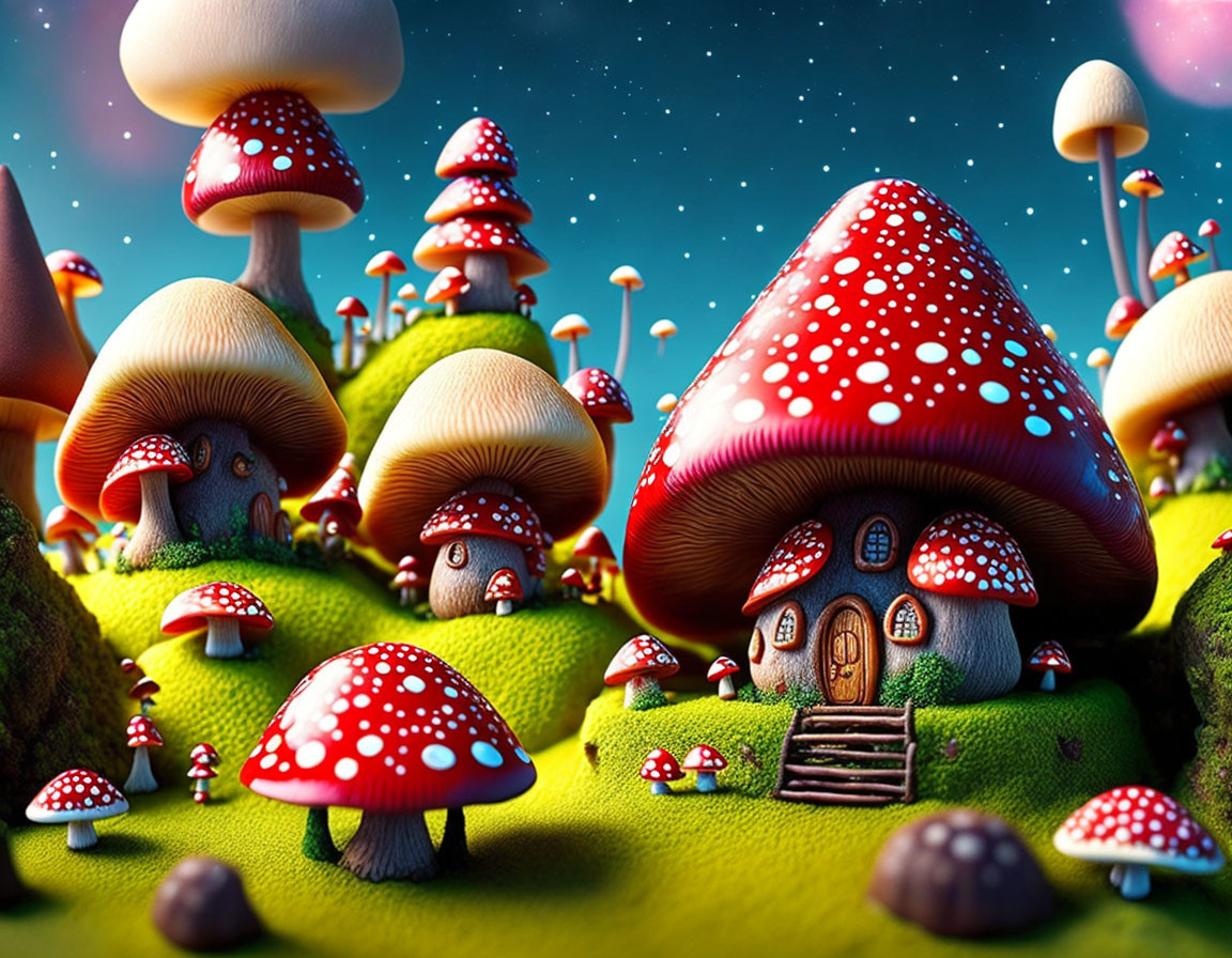 Colorful oversized mushroom landscape with whimsical homes.