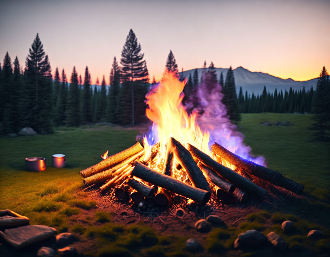 Vibrant campfire in forest clearing at dusk with mountains and camping mugs