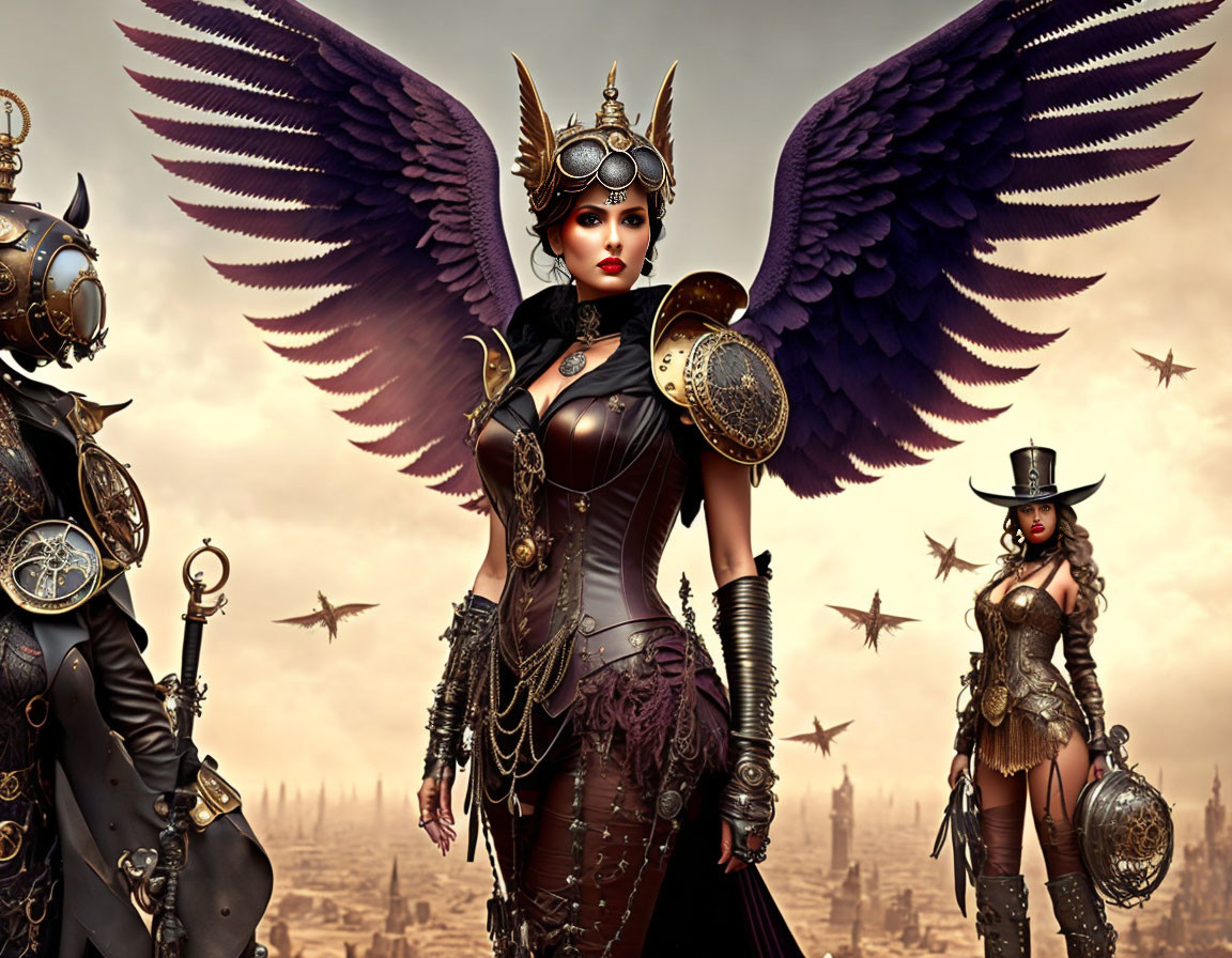 Digital fantasy scene with three steampunk characters and mechanical wings in industrial cityscape.