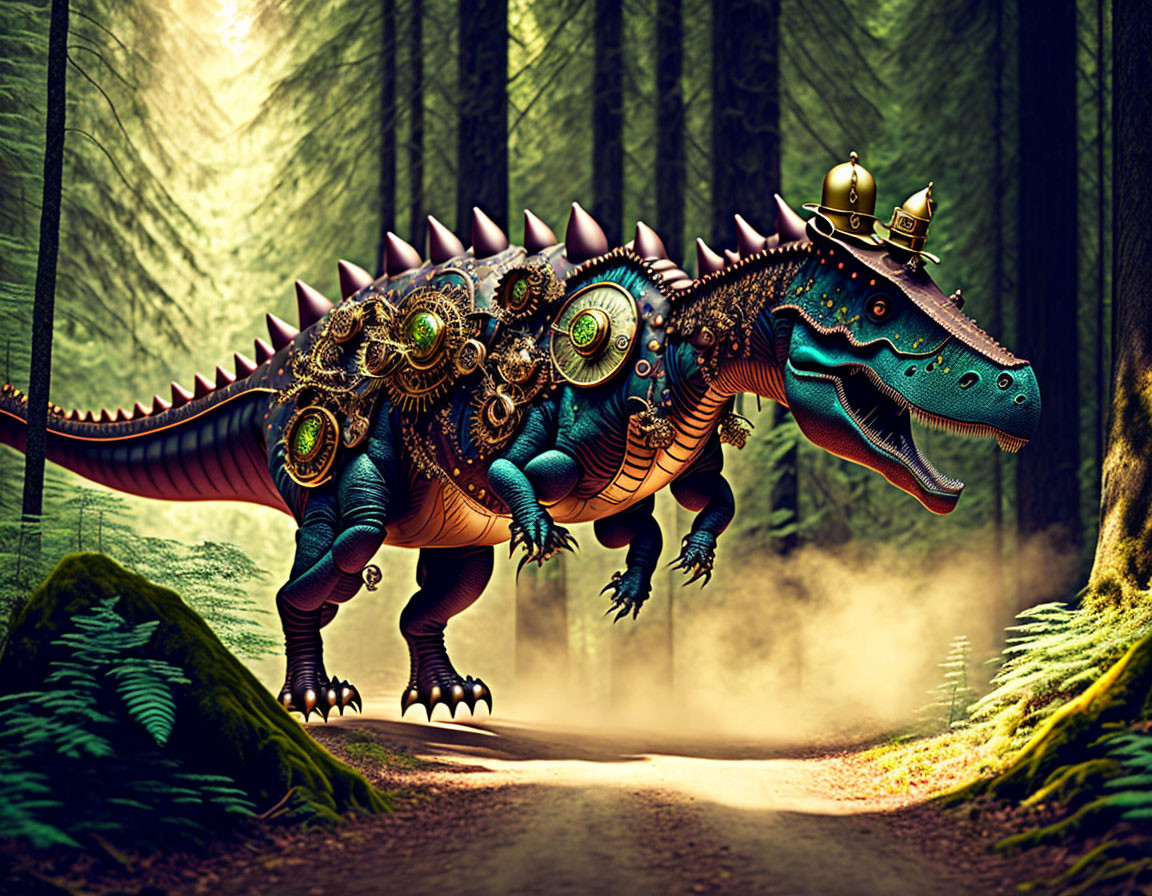 Steampunk dinosaur with gears in enchanted forest