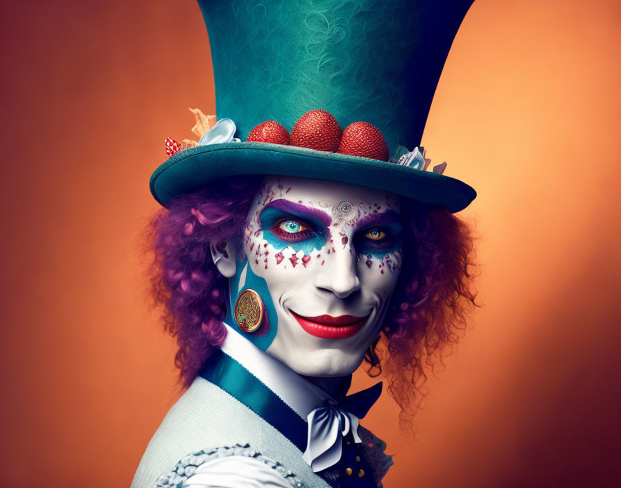 Colorful portrait of person with Mad Hatter makeup and green top hat with cards and strawberries