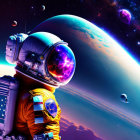 Colorful Astronaut in Surreal Cosmic Scene with Planets and Stars