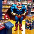 Muscular Superman in classic costume at comic book store with Batman depiction