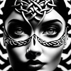 Monochromatic close-up of person with intricate black and white face paint in Celtic or tribal patterns