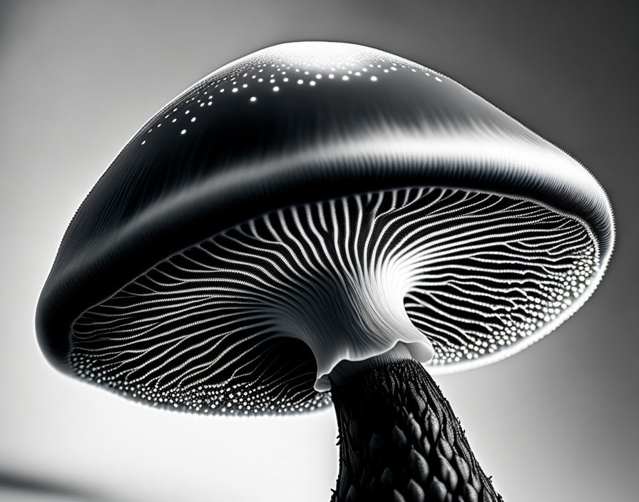 Monochrome mushroom with luminescent cap and intricate gill patterns