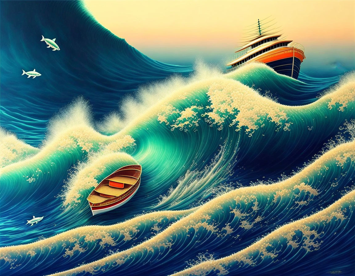 Large ship and small boat on towering ocean waves under gradient sky with flying seagulls.