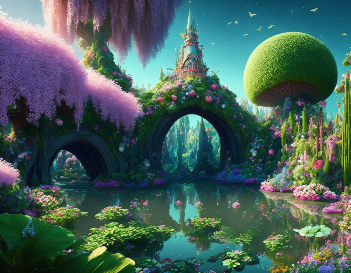 Fantasy landscape with floral bridges, lake, lush vegetation, and whimsical castle