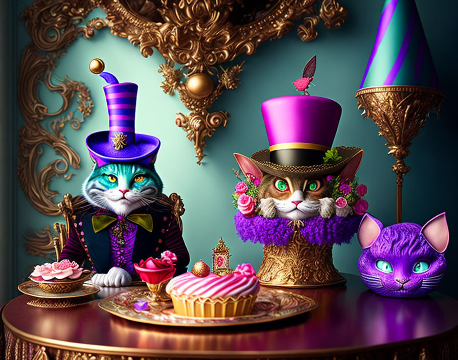 Whimsically Dressed Cats with Elaborate Hats in Ornate Room with Cupcakes