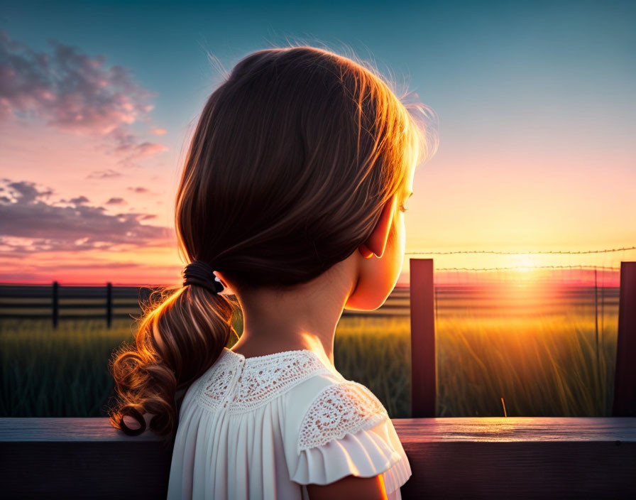 Young girl with ponytail gazes at sunset over grassy field by wooden fence