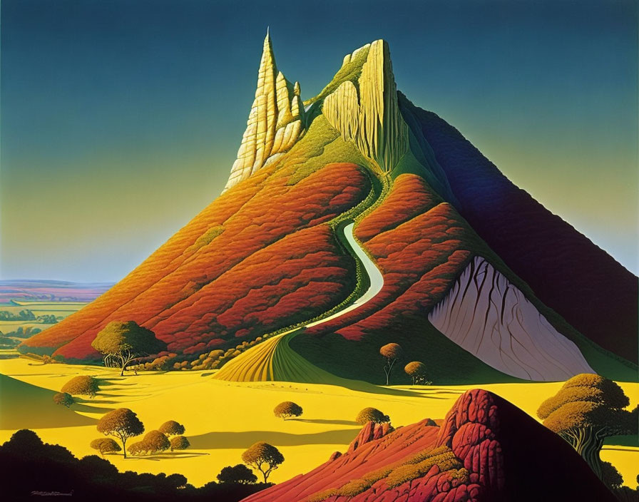 Colorful Mountain Landscape with Winding Paths and Golden Plains