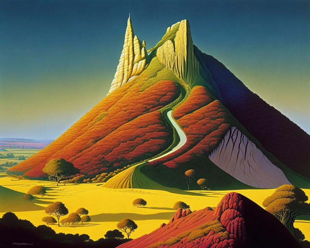 Colorful Mountain Landscape with Winding Paths and Golden Plains