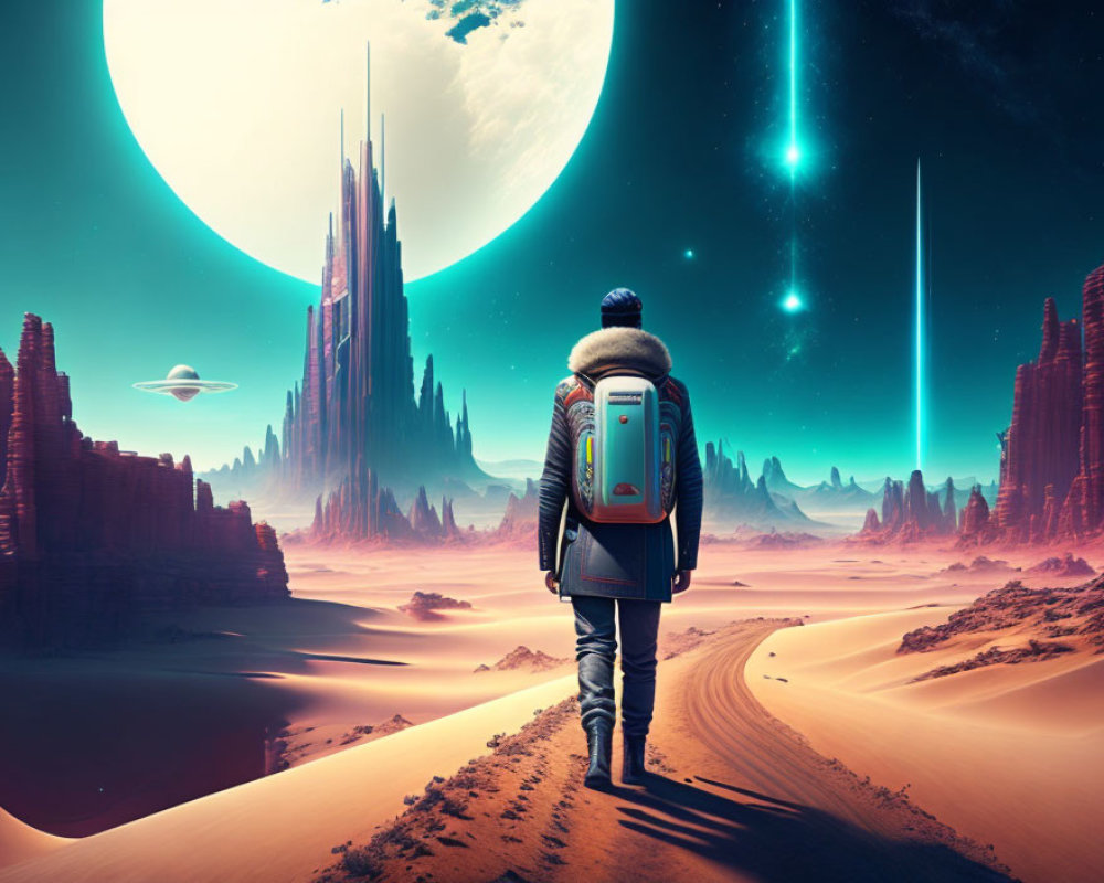 Person in winter jacket on alien landscape with futuristic towers and UFOs