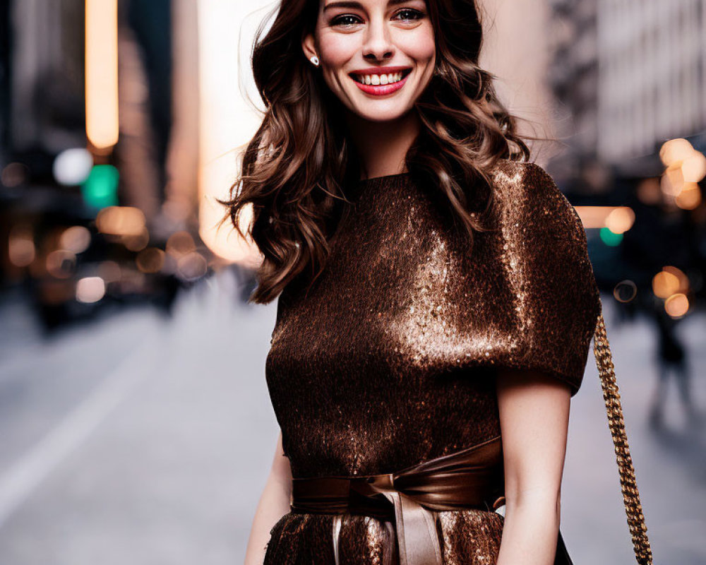 Smiling woman in glittery brown dress on city street at dusk