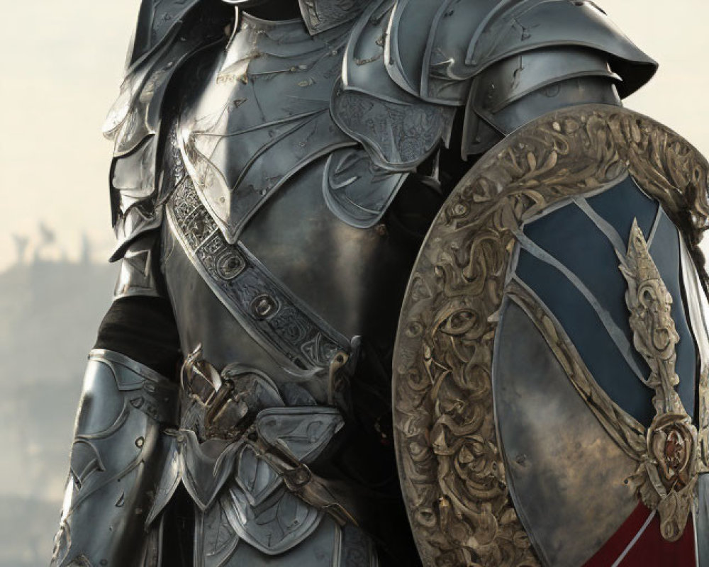 Ornate armored knight with sword and shield, visor raised