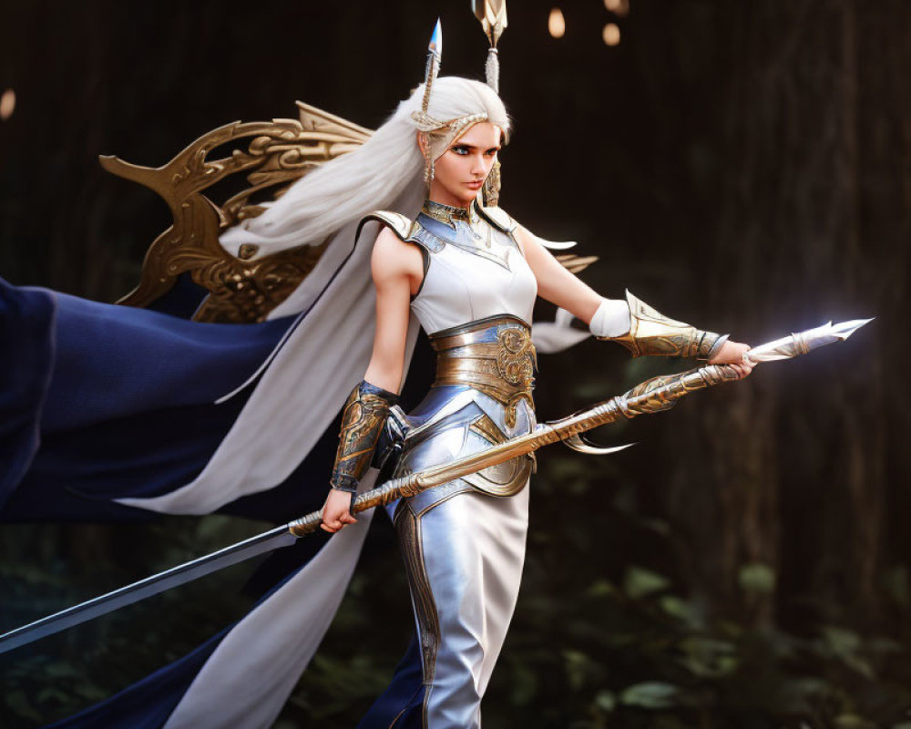 Fantasy female warrior with white hair in elaborate armor and cape, wielding a spear in forest setting