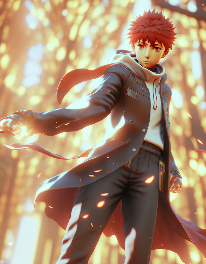 Anime character with red spiky hair in grey jacket among golden leaves with glowing power