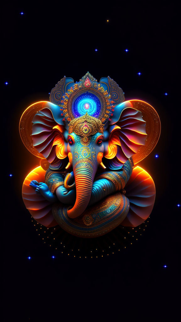 Colorful Lord Ganesha Digital Artwork with Intricate Designs and Glowing Stars