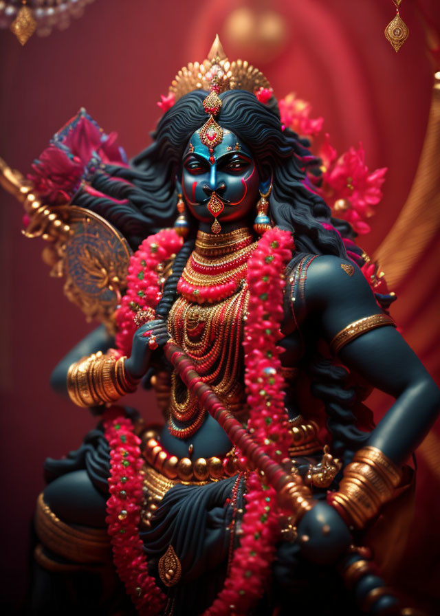 Detailed Blue Deity Statue with Gold Adornments on Red Background