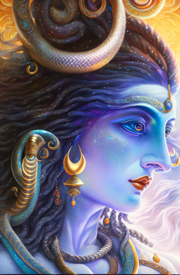 Colorful cosmic artwork with blue-skinned figure and golden jewelry