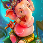 Colorful Baby Lord Ganesha with Flute in Lush Greenery