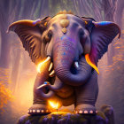 Colorful Elephant Illustration with Ornate Patterns and Deity Figure on Cosmic Background