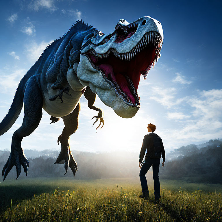 Person in hat faces Tyrannosaurus rex at sunrise in open field