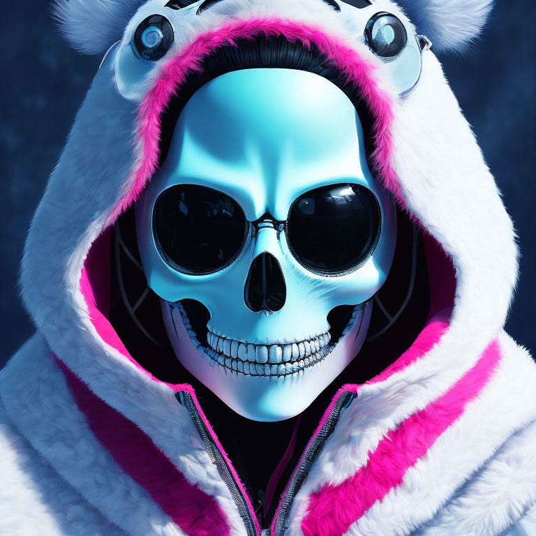 3D render of humanoid skull in black sunglasses and panda hoodie