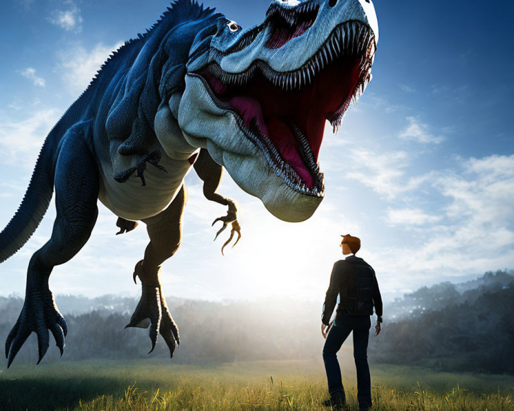 Person in hat faces Tyrannosaurus rex at sunrise in open field