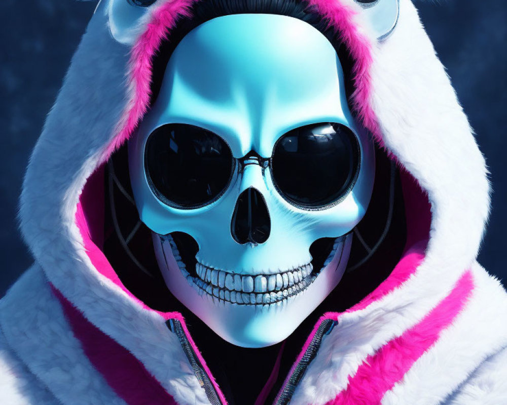 3D render of humanoid skull in black sunglasses and panda hoodie