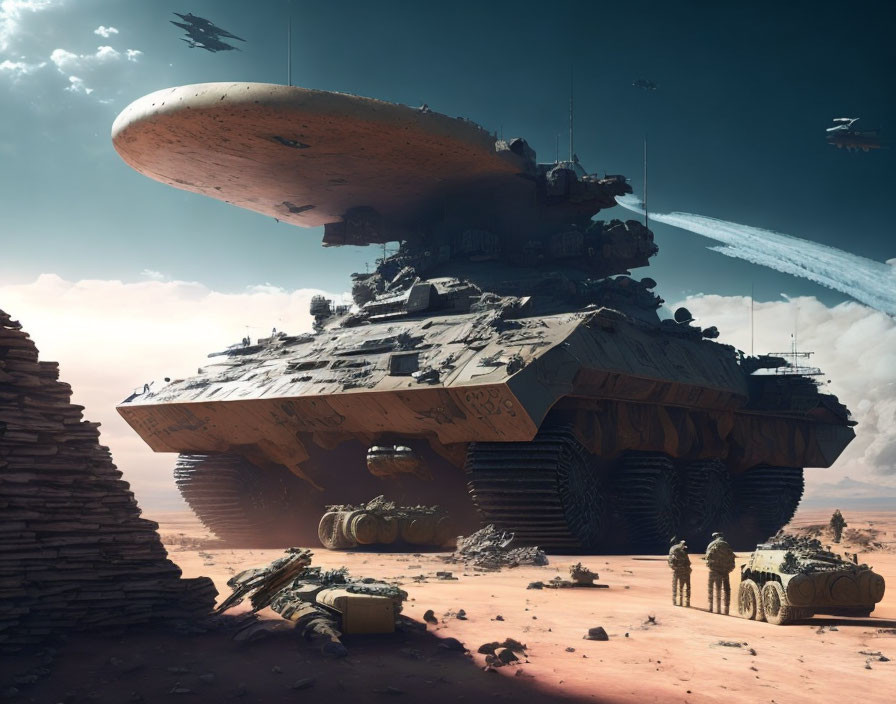 Futuristic tank with soldiers and spaceship on desert planet