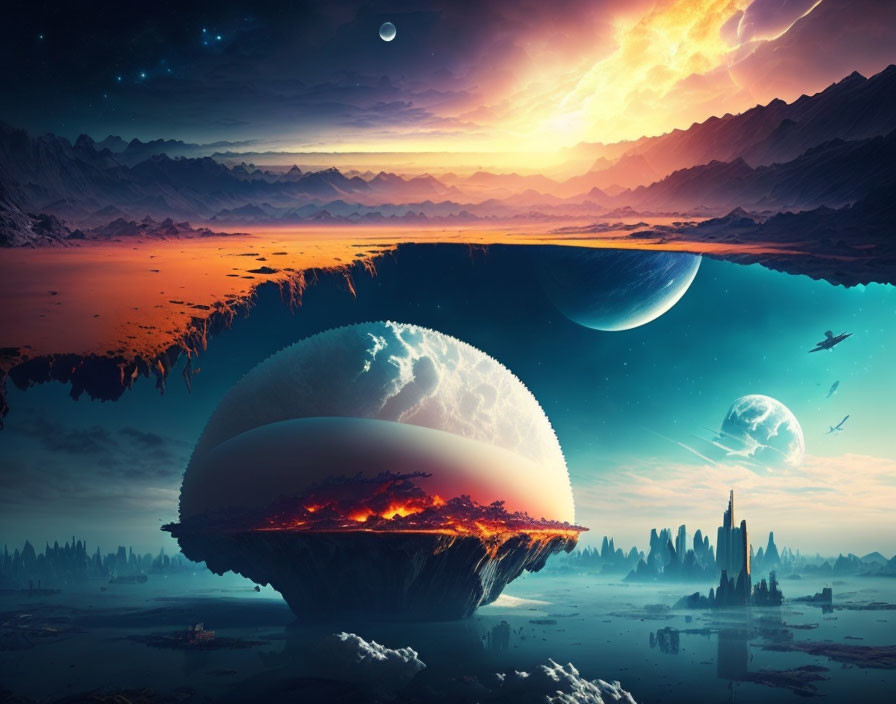 Futuristic sci-fi landscape with floating islands and fiery horizon