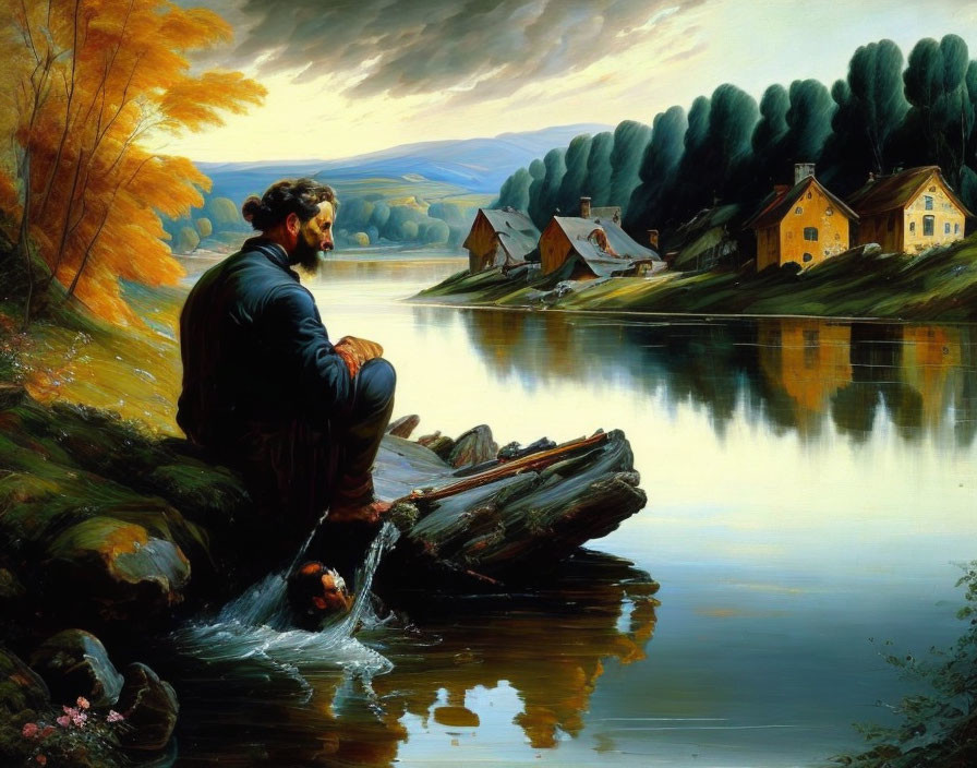 Man sitting by tranquil lake, village amidst autumnal trees under dramatic sky