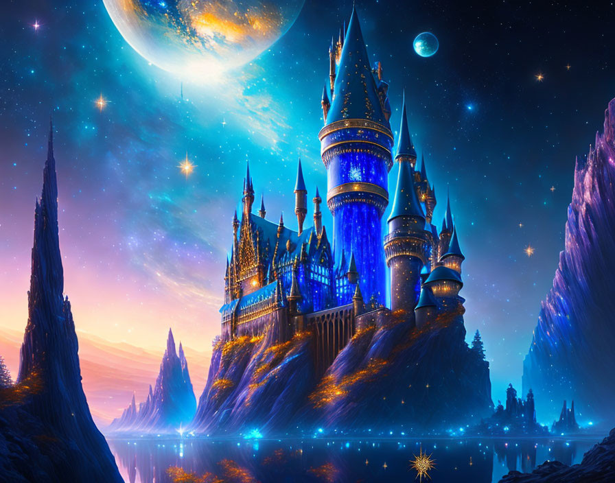 Fantastical castle with glowing blue spires under starry sky and two large moons by reflective lake