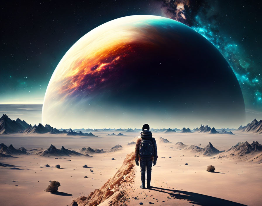 Astronaut on barren alien landscape with colorful planet and mountains