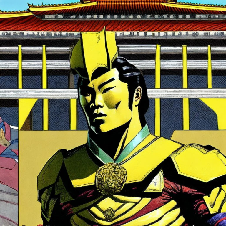 Asian warrior in yellow helmet and armor against traditional architecture.