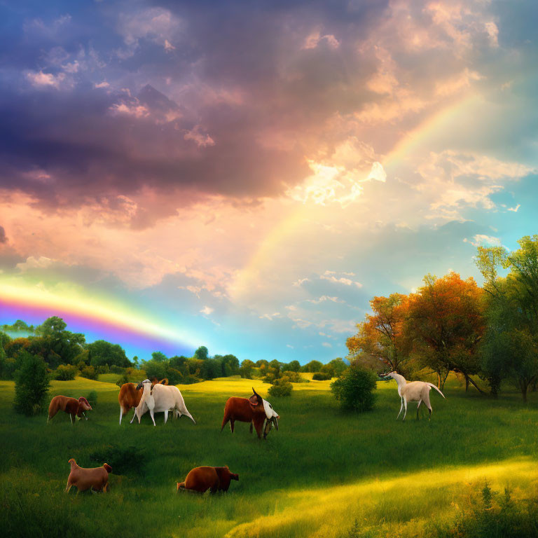 Colorful meadow scene with cows, rainbow, and sunlight